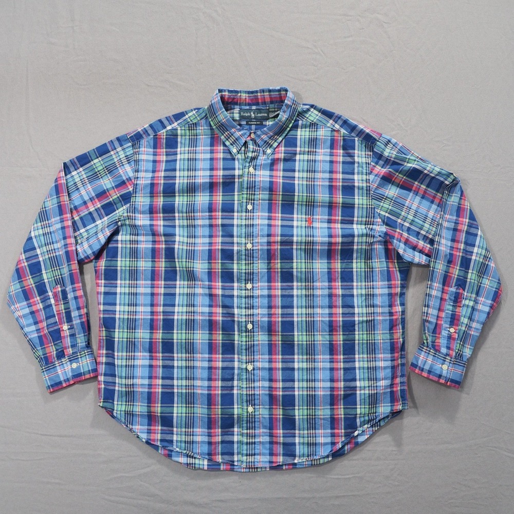 Ralph Lauren Shirt Mens 2XB Blue Madras Plaid Cotton Long Sleeve Button Big Tall